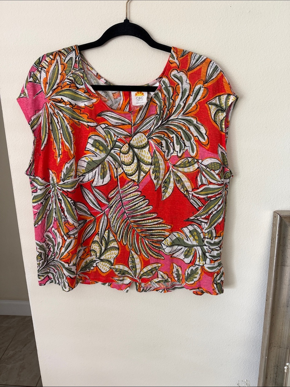 C&C California linen boho tropical shell button down back blouse top XL